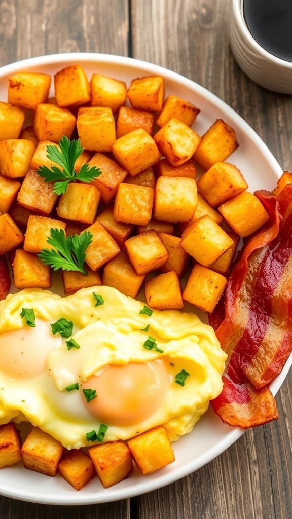 Crispy air fryer potato cubes on a plate with eggs and bacon, garnished with parsley.